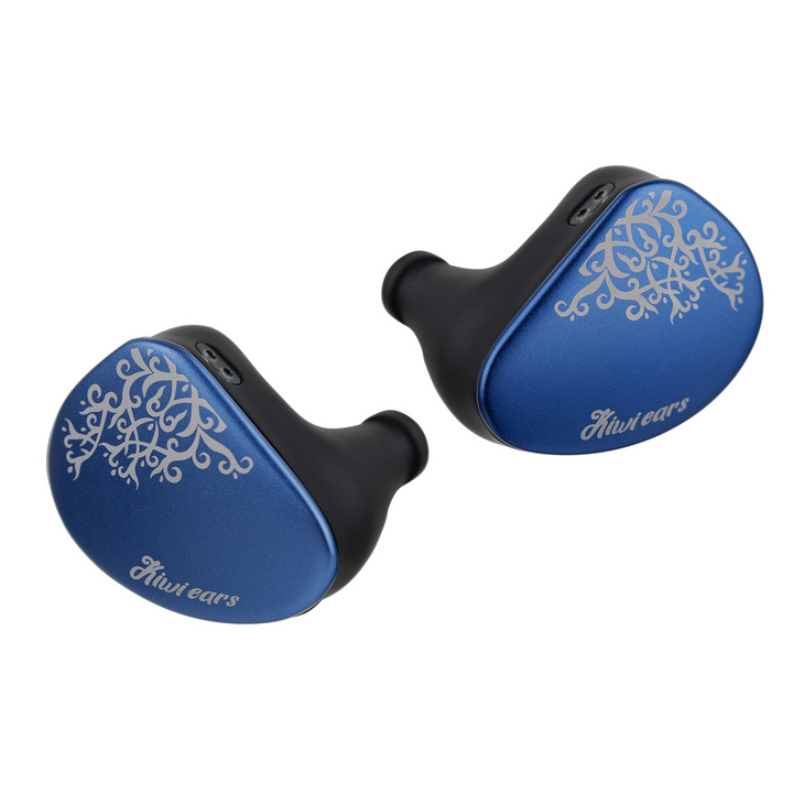 Kiwi Ears Cadenza II IEMs blue faceplate front view floating diagonally whitebox