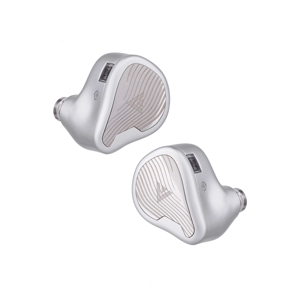 Linsoul Avant in-ear monitors with metallic silver housings and a textured beige inner pad, shown on a solid white background.