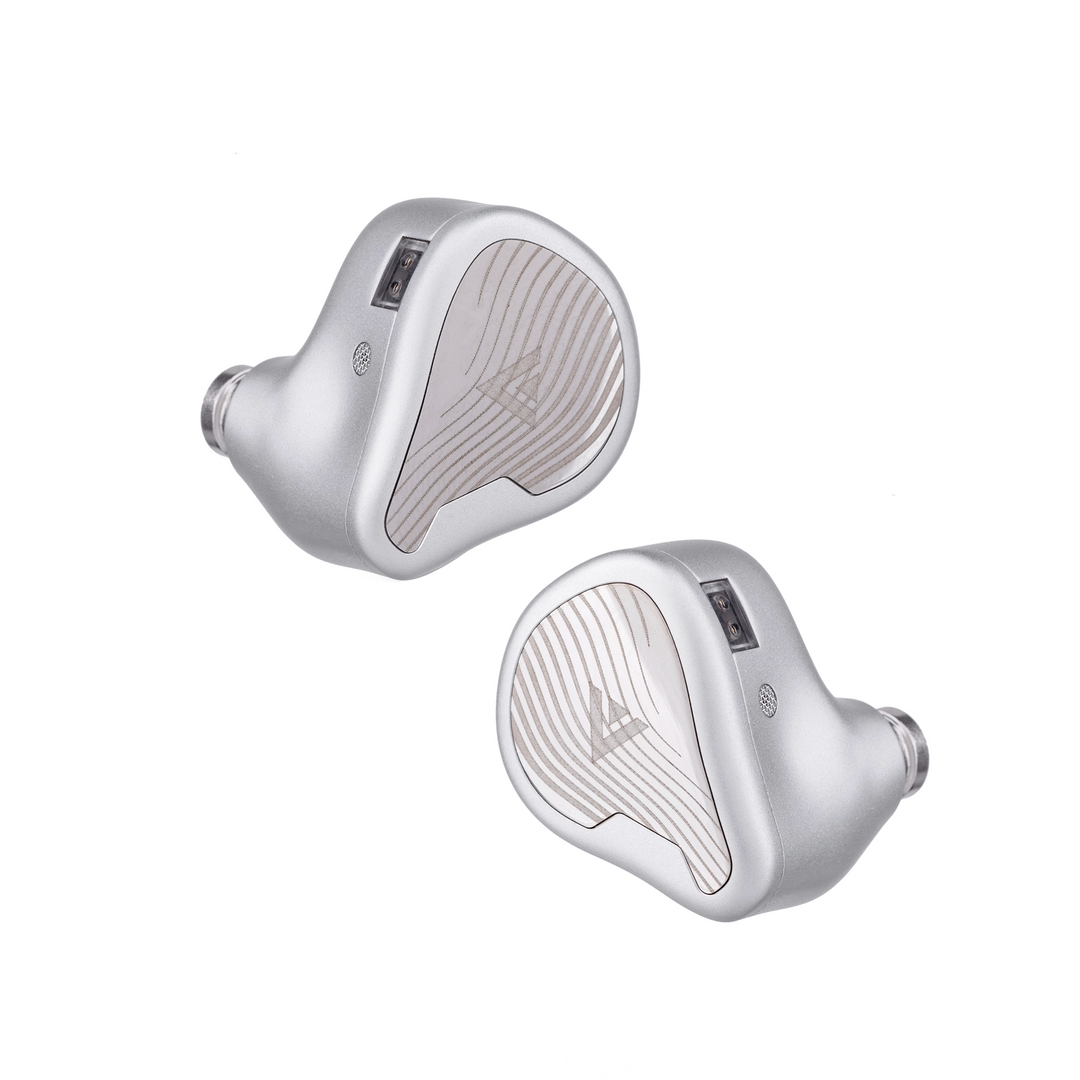 Linsoul Avant in-ear monitors with metallic silver housings and a textured beige inner pad, shown on a solid white background.
