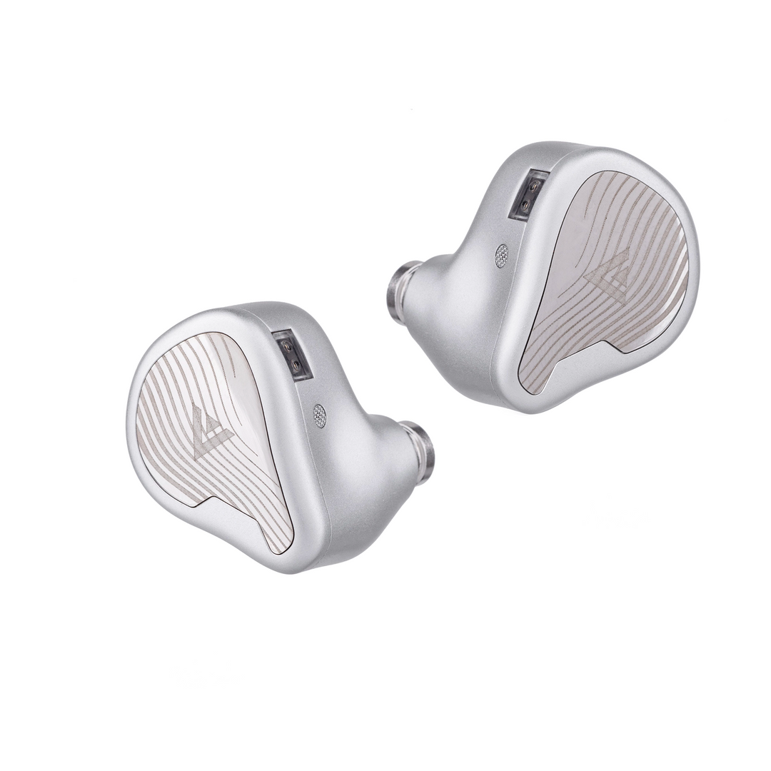 A pair of Linsoul Avant silver in-ear monitors with textured metallic surfaces, shown on a plain white background.