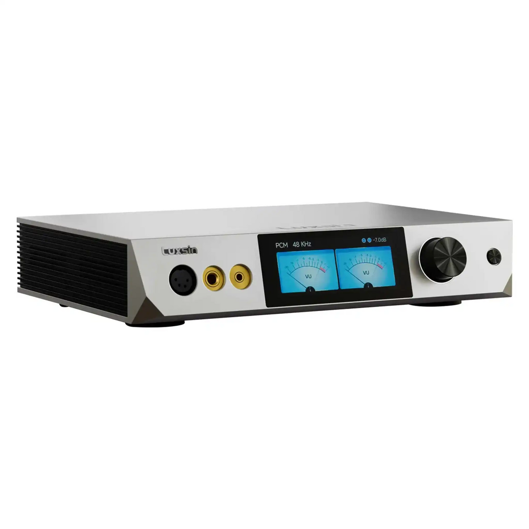 Luxsin Audio X9 DAC and headphone amp sitting front left 3 quarter angle whitebox