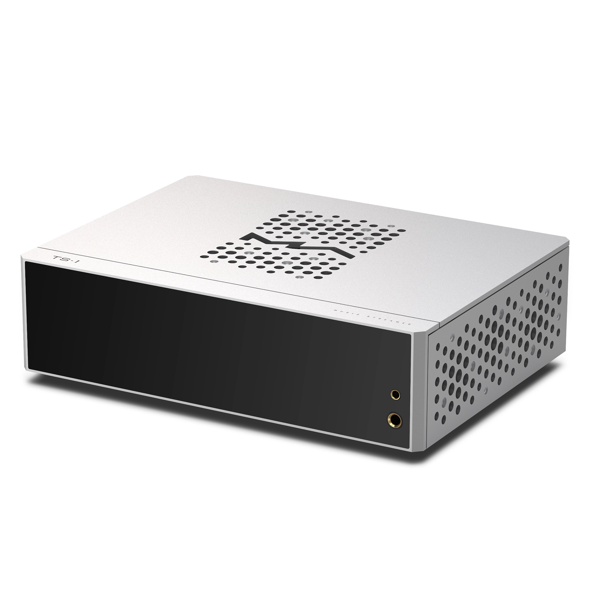 Matrix Audio TS-1 streamer, DAC and amp sitting front right 3 quarter whitebox
