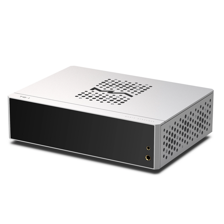 Matrix Audio TS-1 streamer, DAC and amp sitting front right 3 quarter whitebox