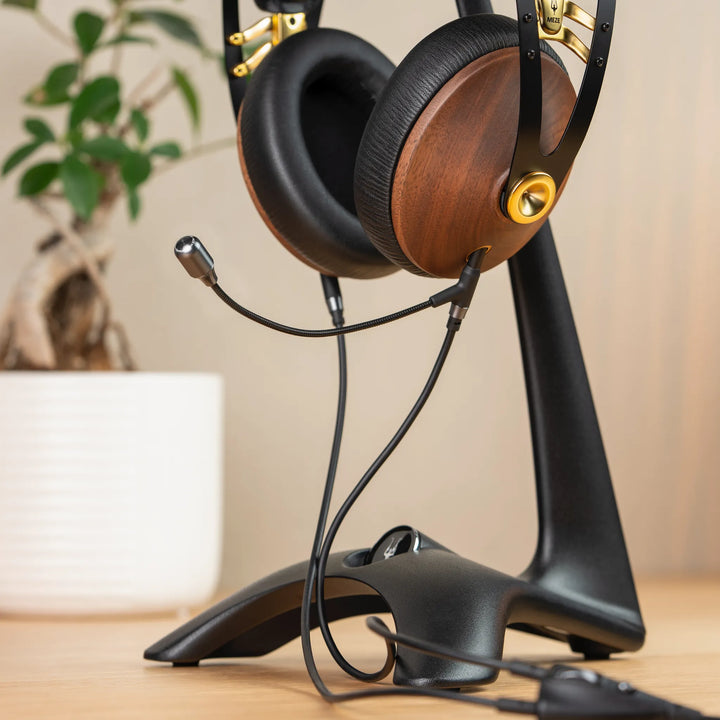 Meze Audio 99 Classics gold with attached Boom mic on Meze Manta headphone stand