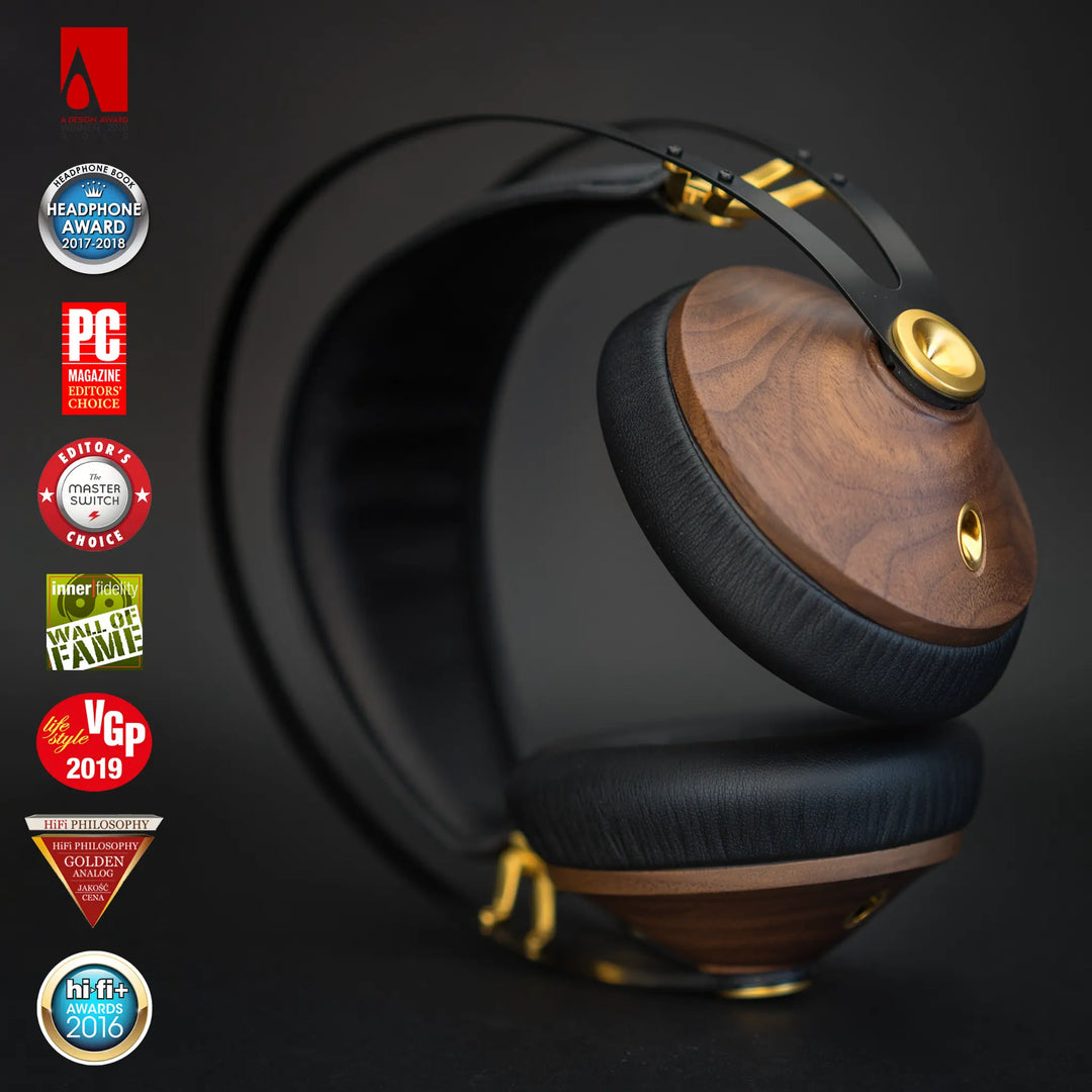 Meze Audio 99 Classics gold front quarter with 8 award badges