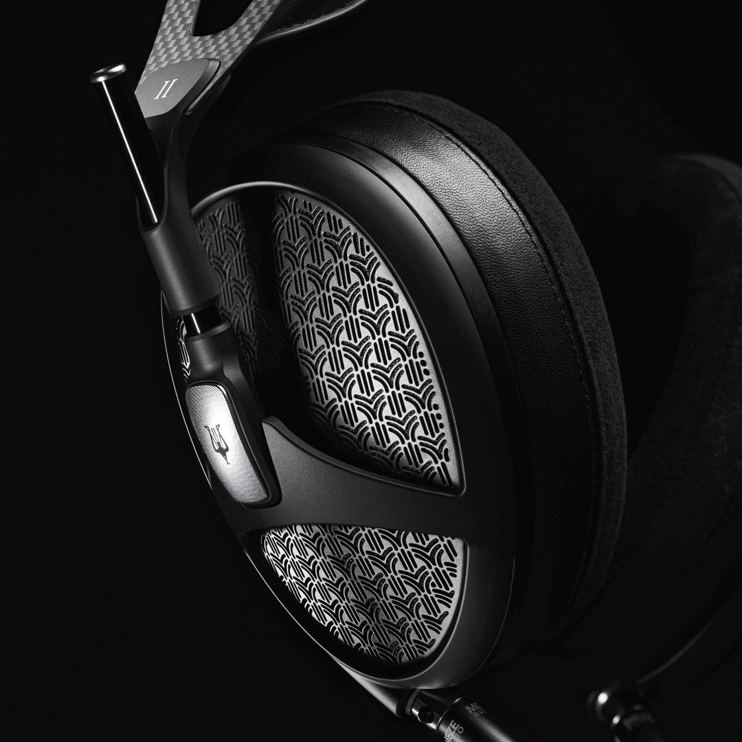 Meze Empyrean 2 dark dramatic profile closeup earcup and Duo pad