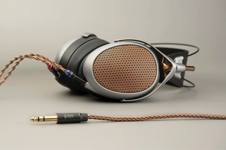 Meze Audio POET headphone lateral profile with attached stock Meze copper cable