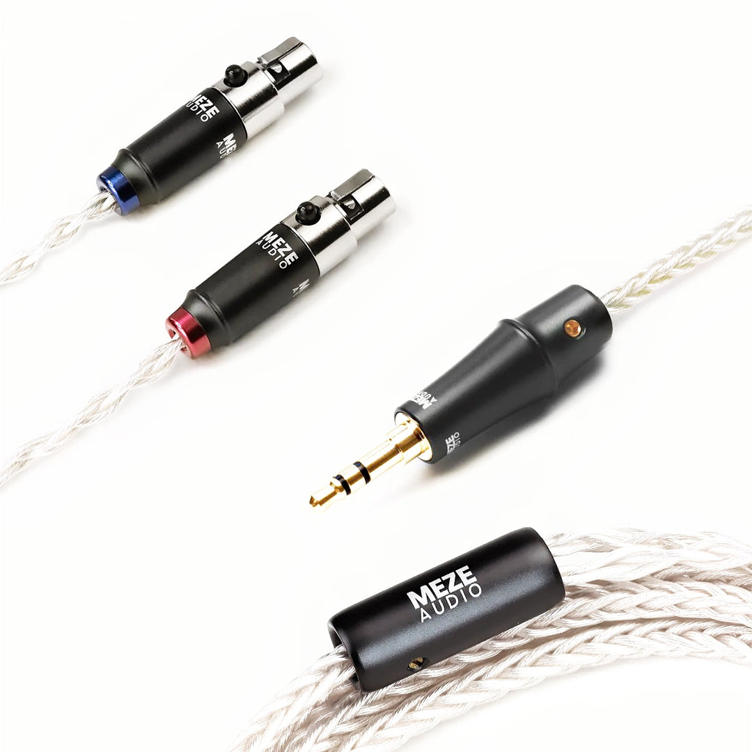 Meze Audio Mini-XLR to 3.5mm silver upgrade cable over white background