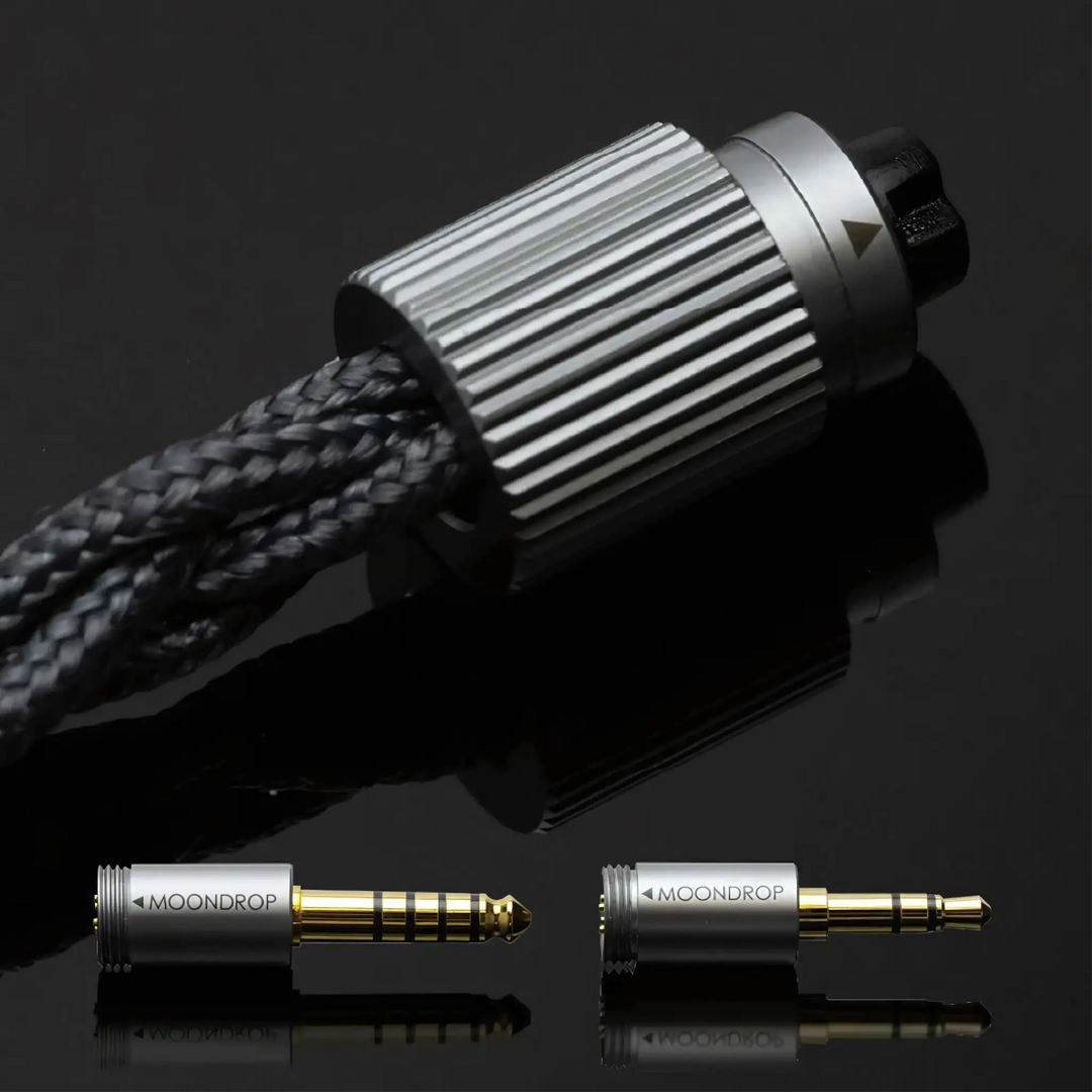 Moondrop Harmon IEMs interchangeable connector and terminations closeup on black background
