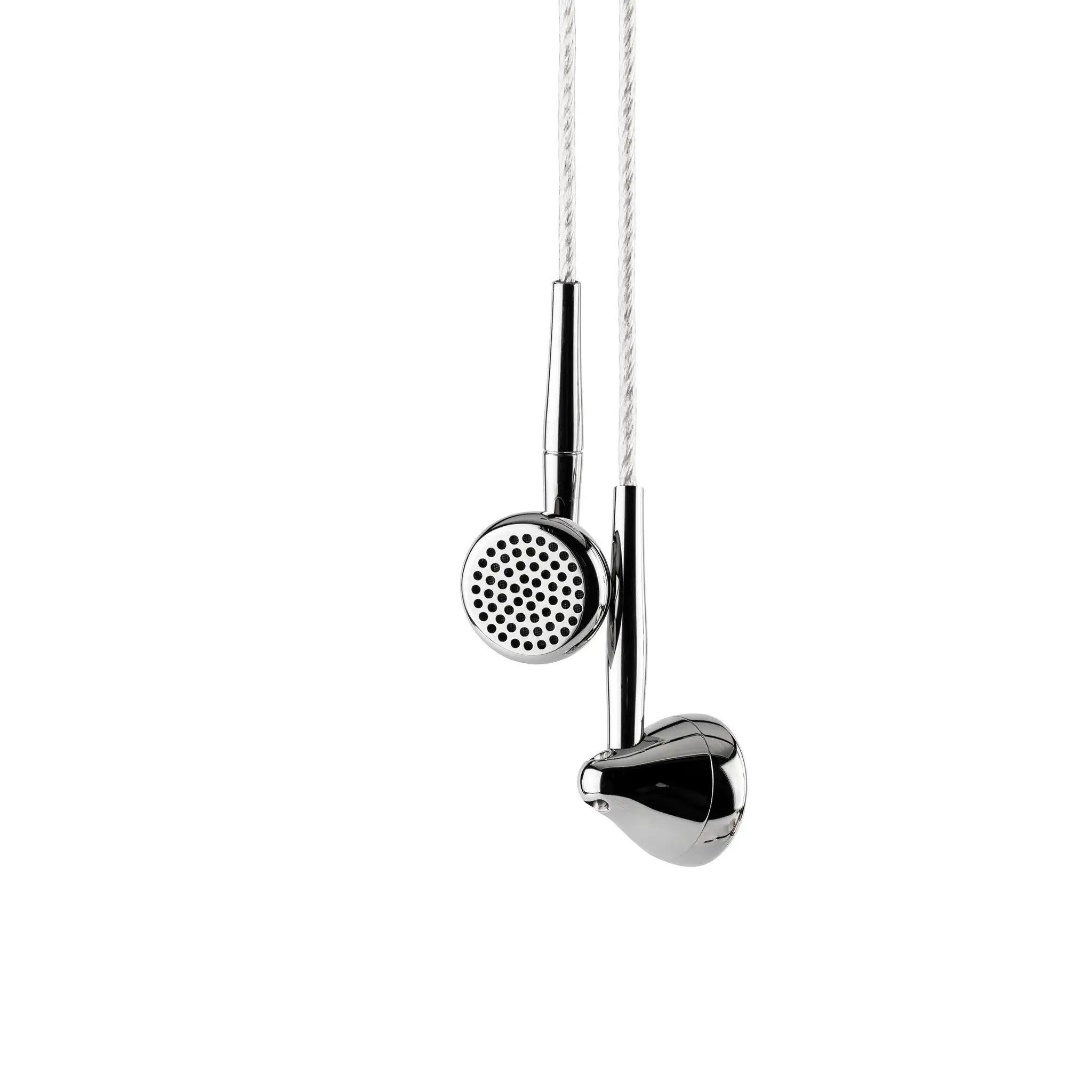 Moondrop Pavane IEMs hanging from top front and back view whitebox