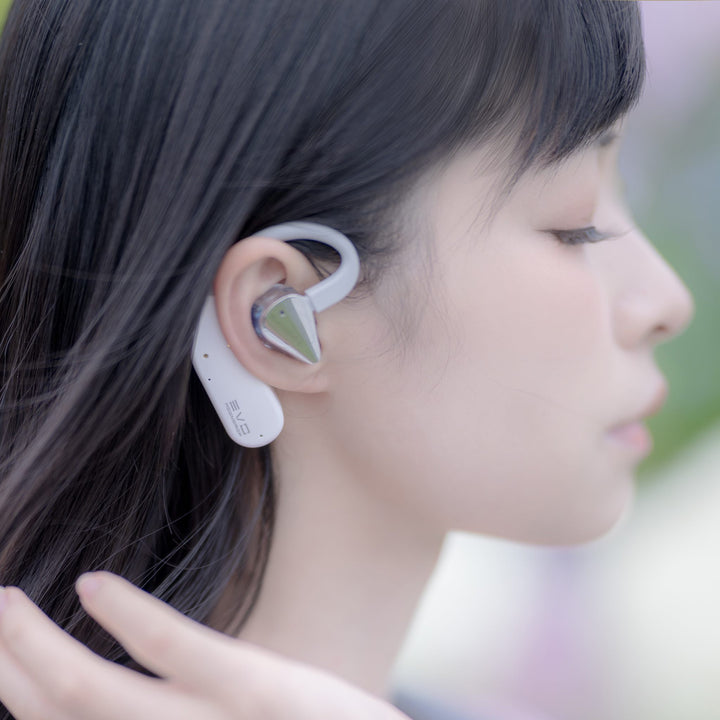 MoonDrop EVO inserted into human ear with closed eyes