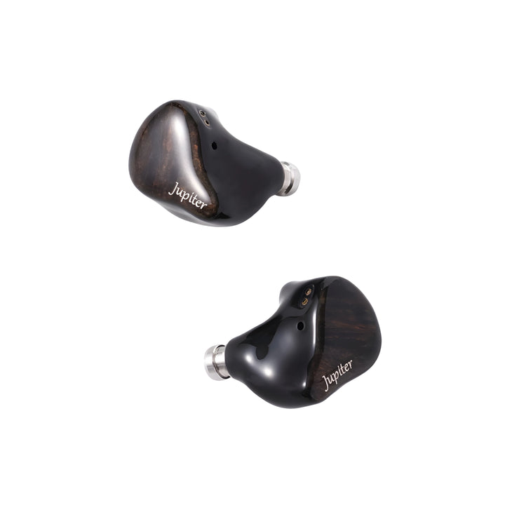 Melody Wings Jupiter IEMs in black floating diagonally front view whitebox