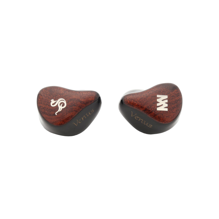 Melody Wings Venus Divine in-ear monitors with a dark reddish-brown wood grain finish and black edges, featuring gold-tone branding and text on a white background