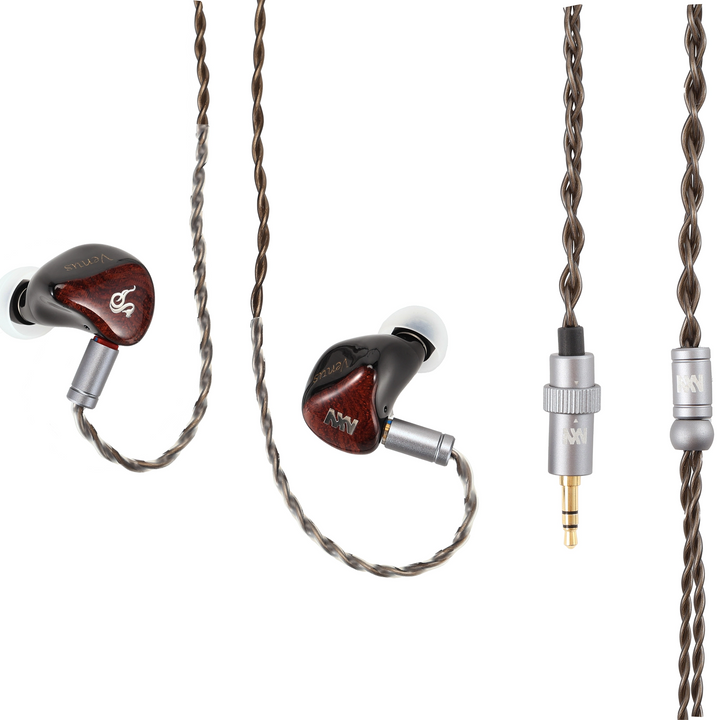 Two in-ear headphones with brown and black earpieces, silver metal connectors, and braided brown cables on a white background.