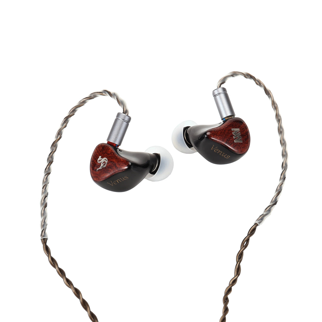 Melody Wings Venus Divine in-ear monitors with a glossy dark red and black marbled finish, featuring silver metal connectors and white silicone ear tips, shown on a pure white background.