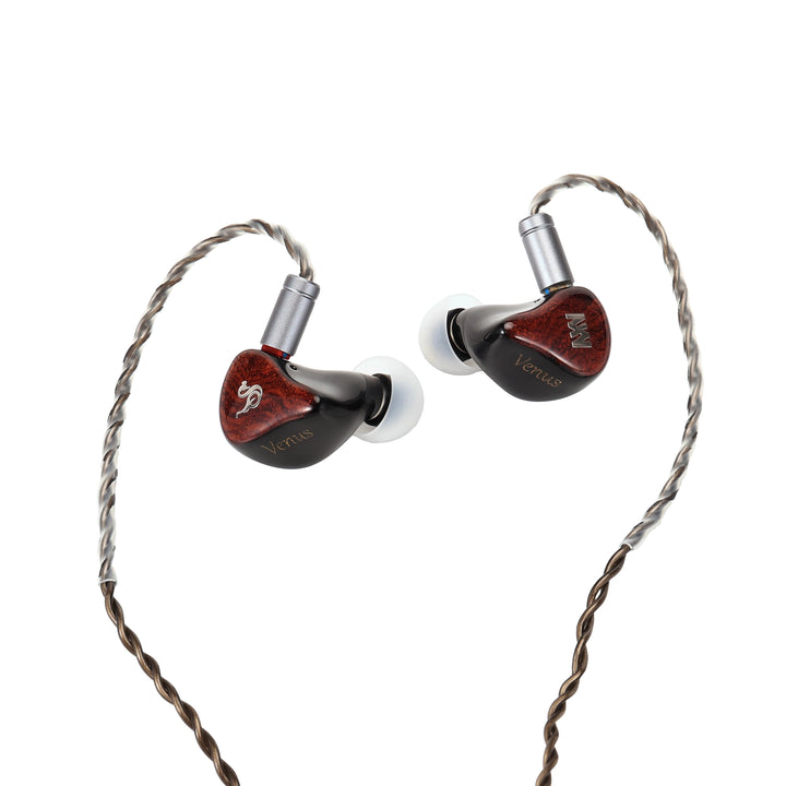 Melody Wings Venus Divine in-ear monitors with a glossy dark red and black marbled finish, featuring silver metal connectors and white silicone ear tips, shown on a pure white background.