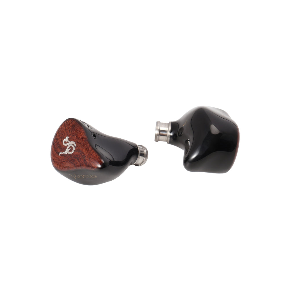 Melody Wings Venus Divine in-ear monitors featuring a glossy black finish with a textured reddish-brown wood-grain accent on one unit and a silver metal connector.