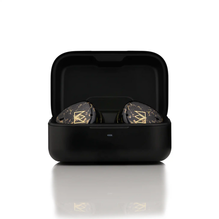Noble Audio FoKus Rex5 tws earphones in black sitting in charging case center front view whitebox