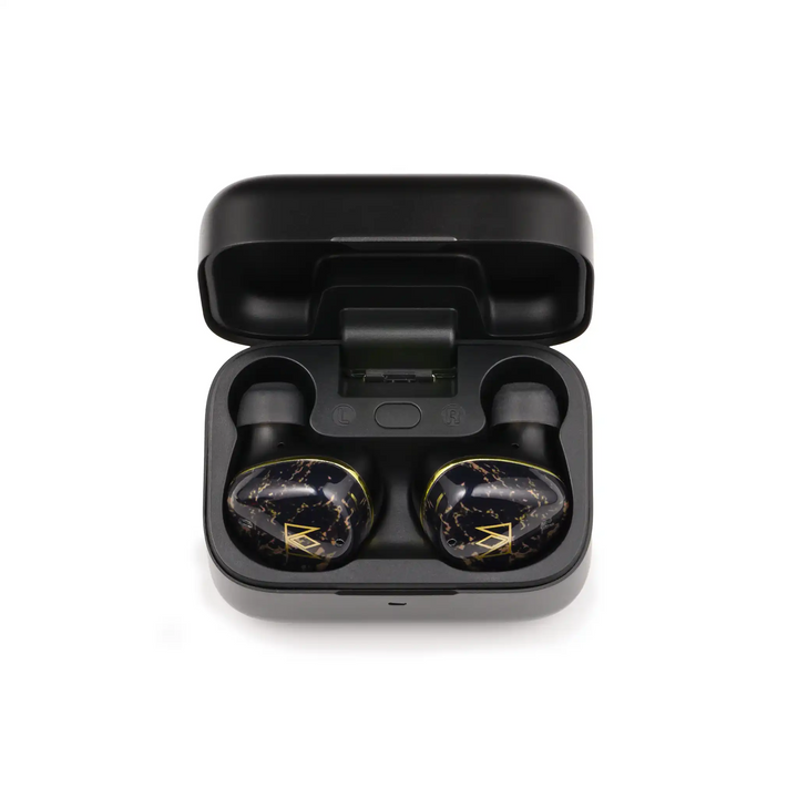 Noble Audio FoKus Rex5 tws earphones in black sitting in charging case center birdseye view whitebox
