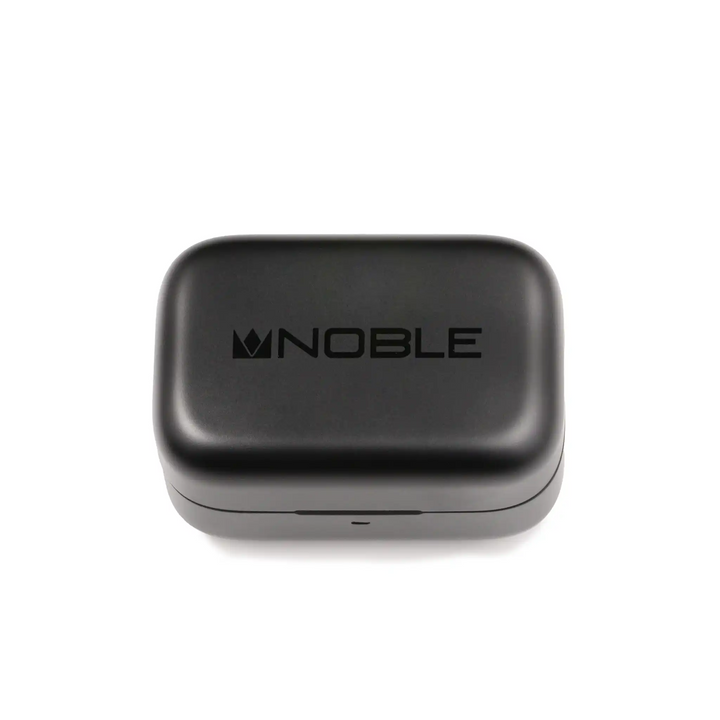 Noble Audio FoKus Rex5 tws earphones in black charging case closed birdseye view whitebox