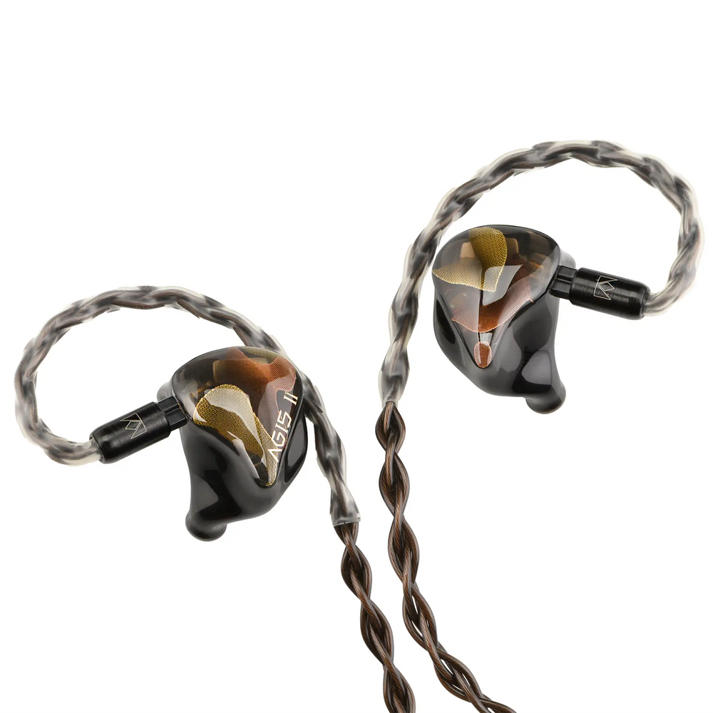 Noble Audio AGIS II iems front facing with cable plugged in whitebox