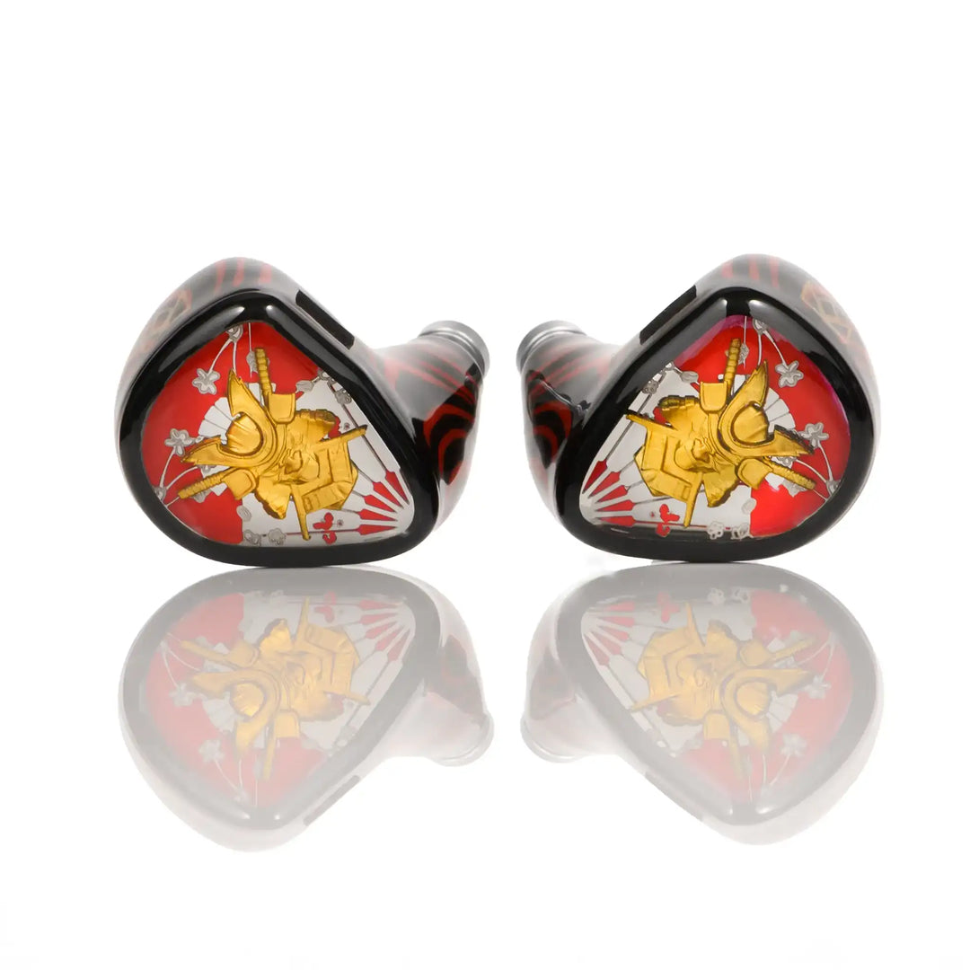 Noble Audio Shogun IEMs sitting front facing center whitebox