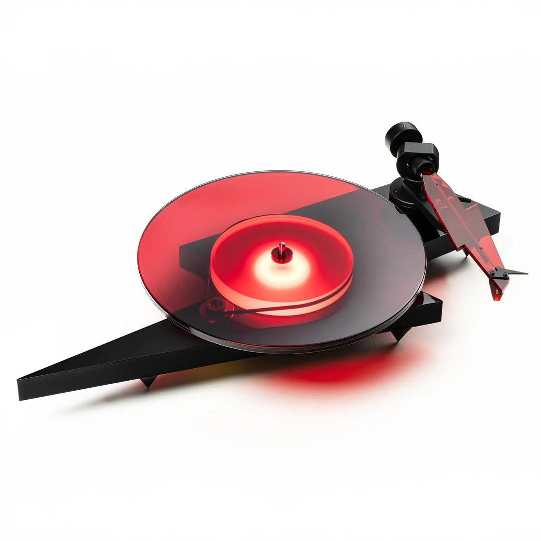 Pro-Ject AC/DC turntable center top down angle with LED light on whitebox