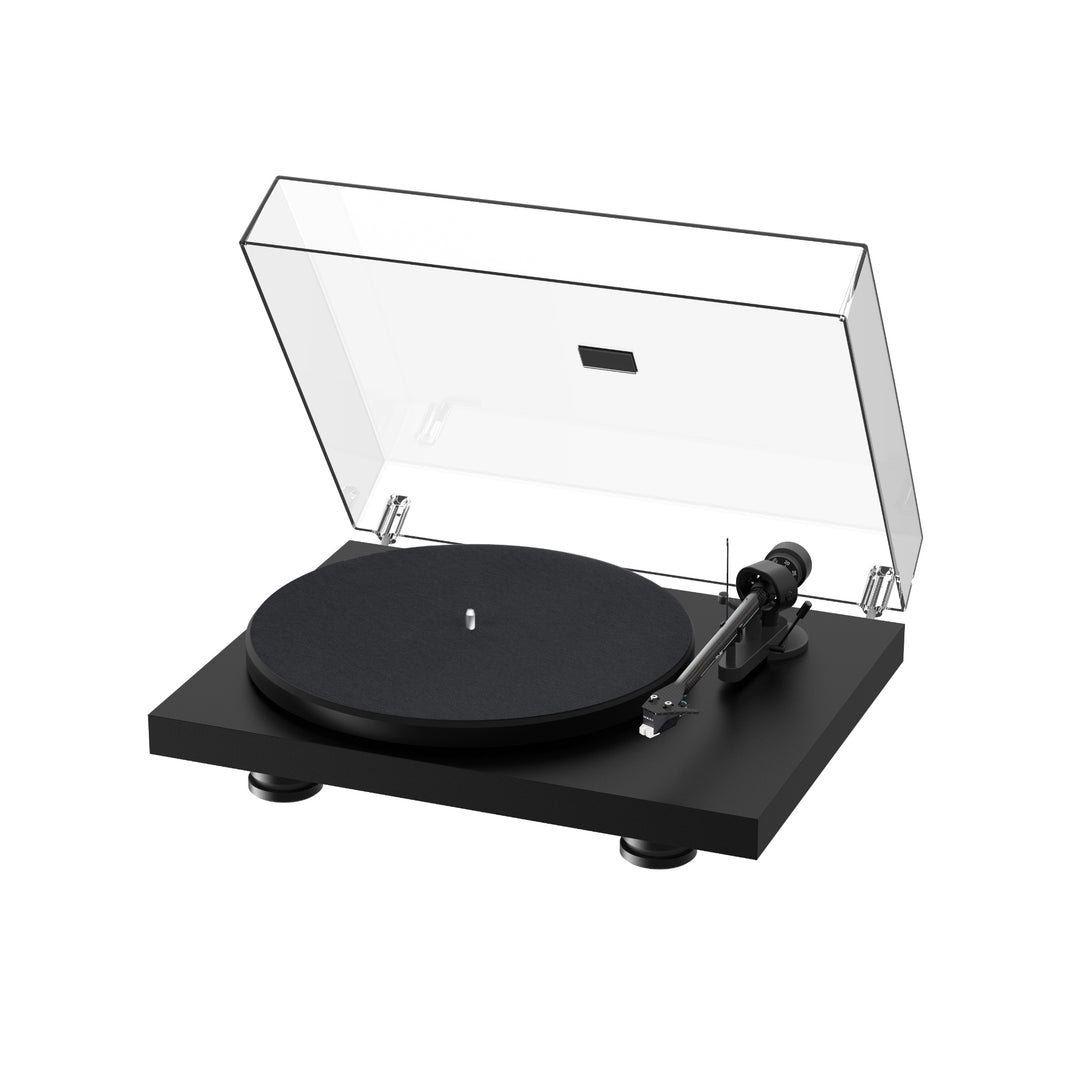 Pro-Ject Debut Carbon EVO gloss black with cover over white background