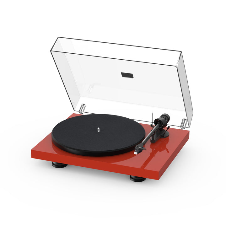 Pro-Ject Debut Carbon EVO gloss red with cover over white background