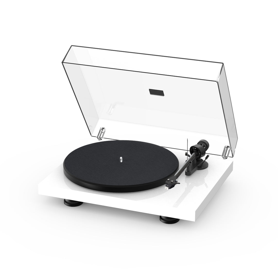 Pro-Ject Debut Carbon EVO gloss white with cover over white background