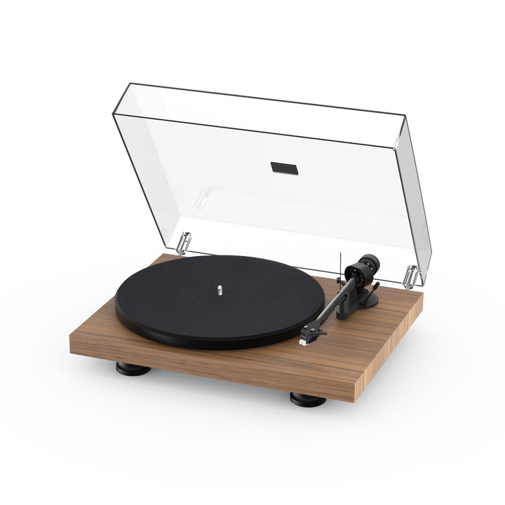 Pro-Ject Debut Carbon EVO walnut with cover over white background