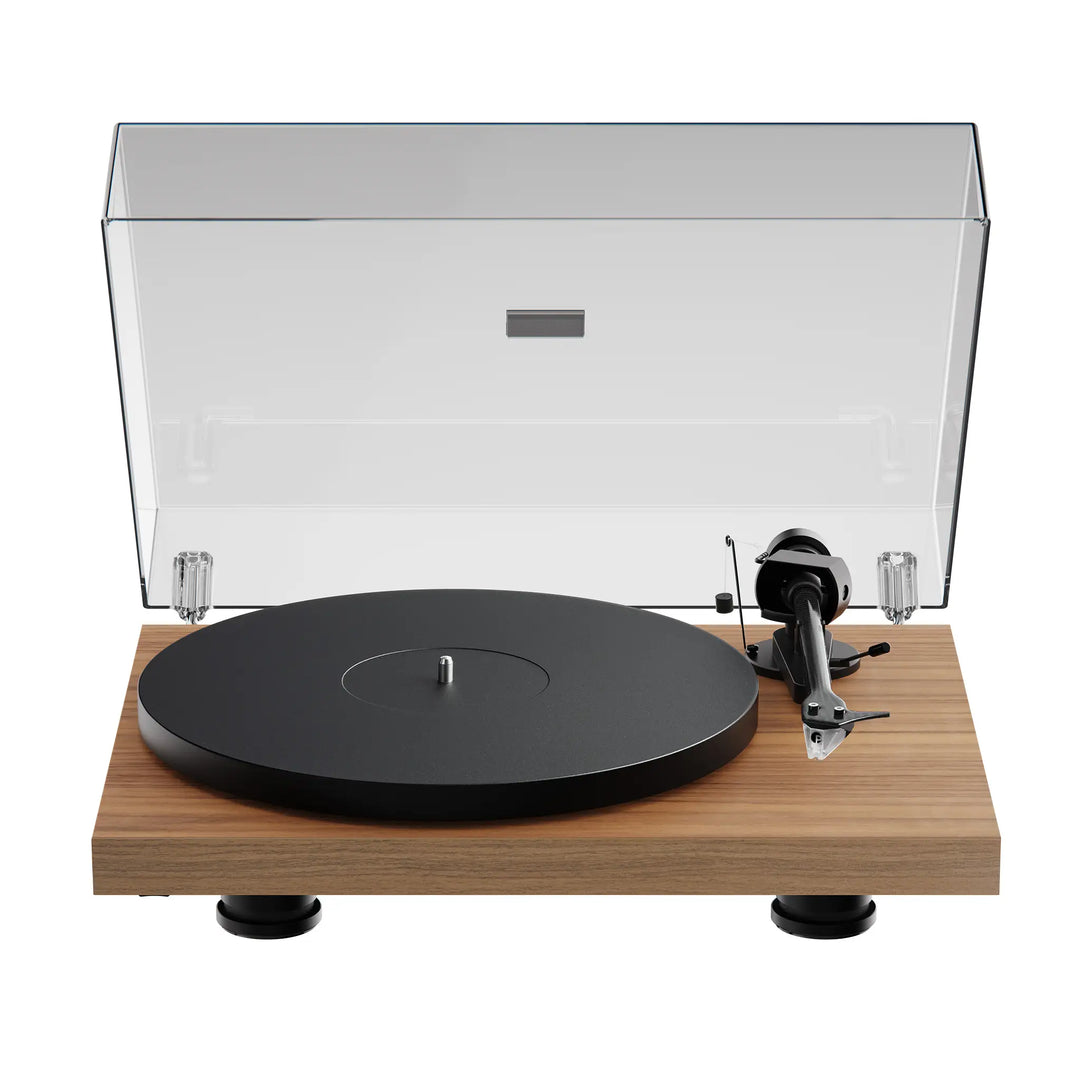 Pro-Ject Debut EVO 2 walnut top front quarter with open dust cover whitebox