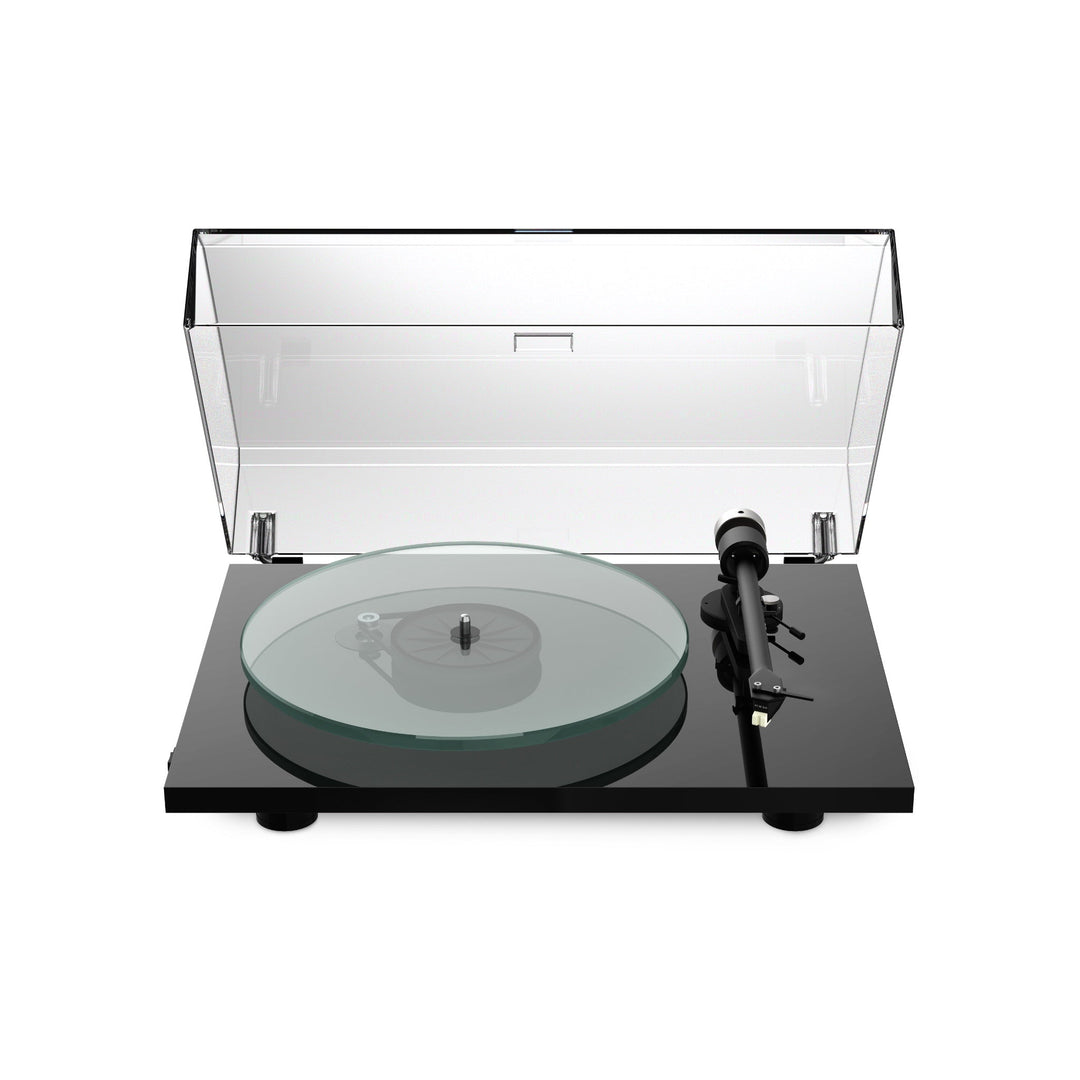 Pro-Ject T2 black top front quarter with dust cover