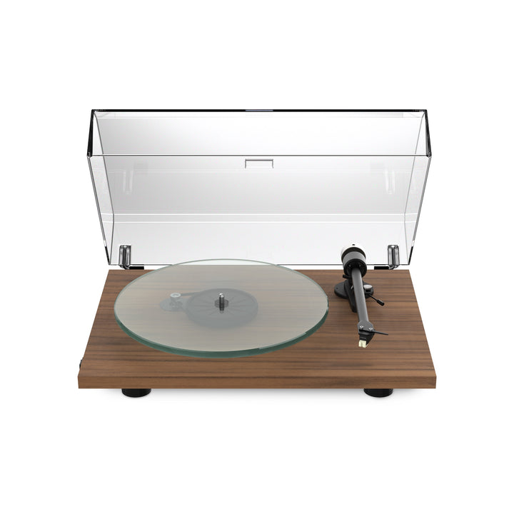 Pro-Ject T2 Super Phono walnut top front quarter with dust cover