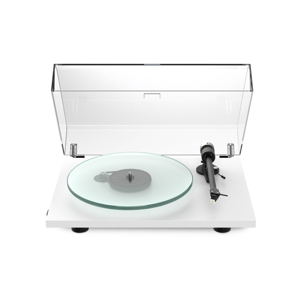 Pro-Ject T2 Super Phono white top front quarter with dust cover