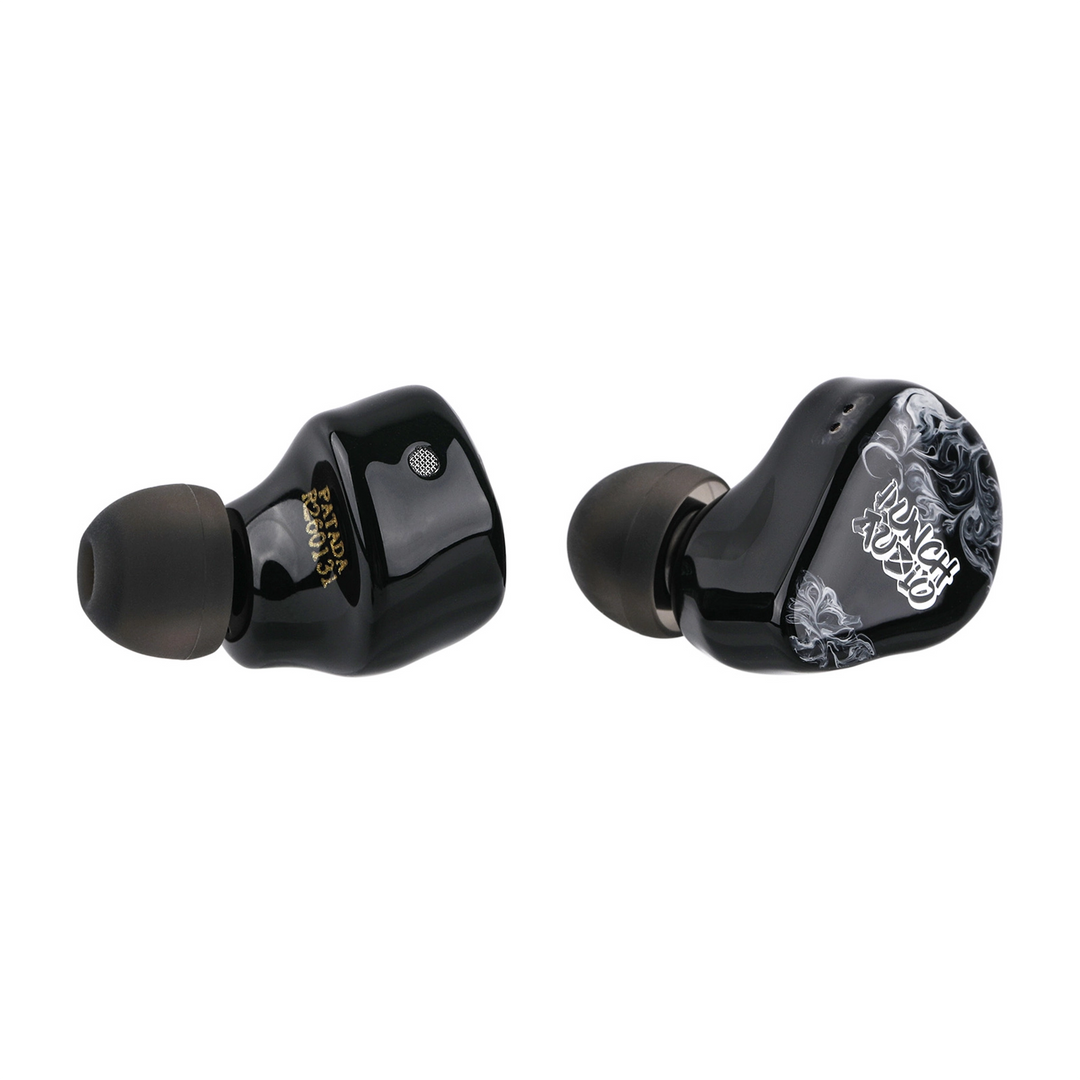 Punch Audio Patada IEMs shown from both the front and side angles on a plain white background