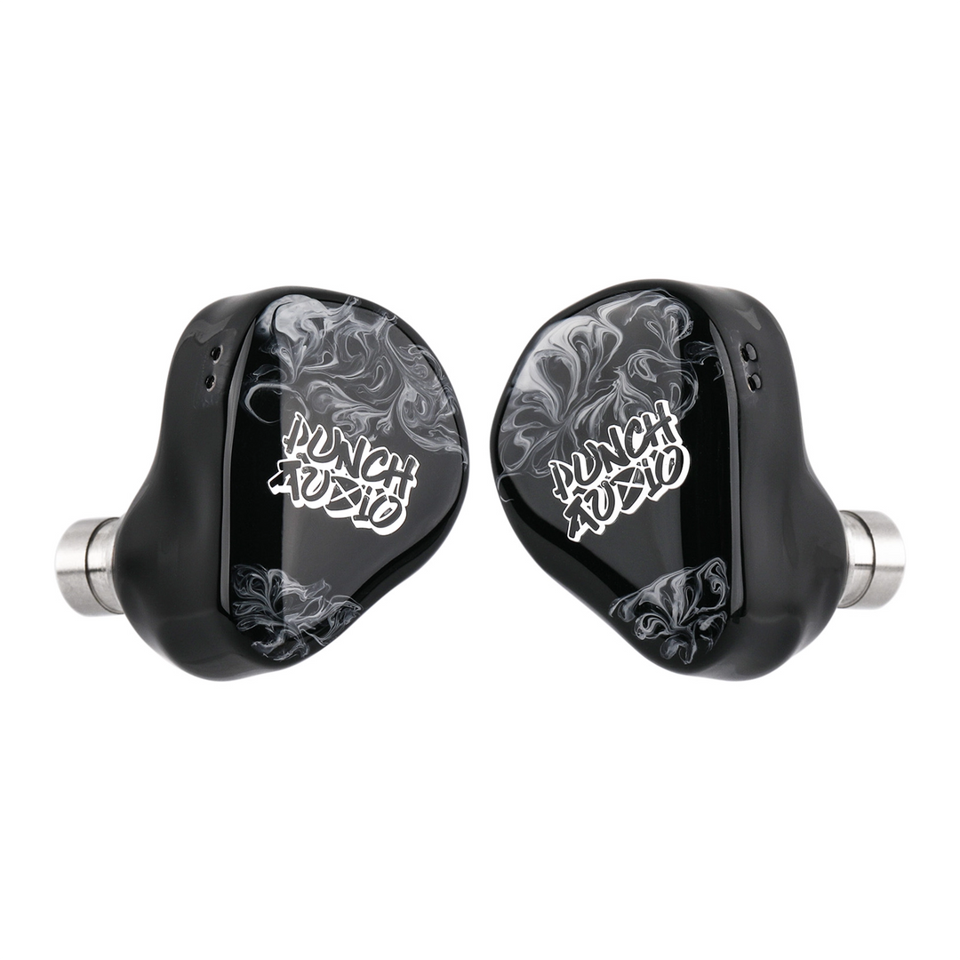Punch Audio Patada in-ear monitors featuring a glossy black and white smoke graphic and the 'PUNCH AUDIO' logo on each earpiece, set against a plain white background.