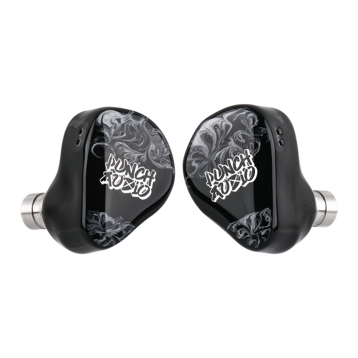 Punch Audio Patada in-ear monitors featuring a glossy black and white smoke graphic and the &
