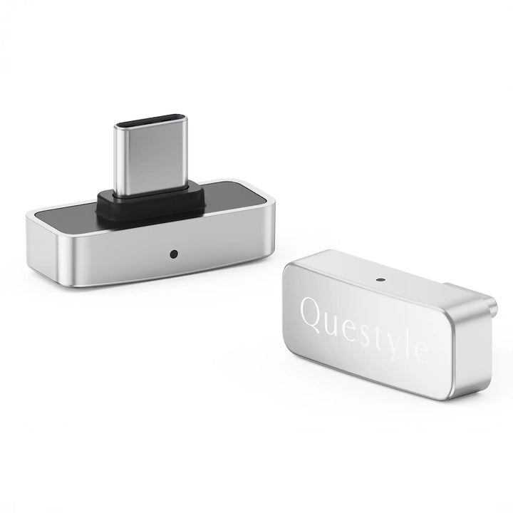 Questyle QCC Dongle x2 sitting front right 3 quarter angle and front left 3 quarter angle whitebox
