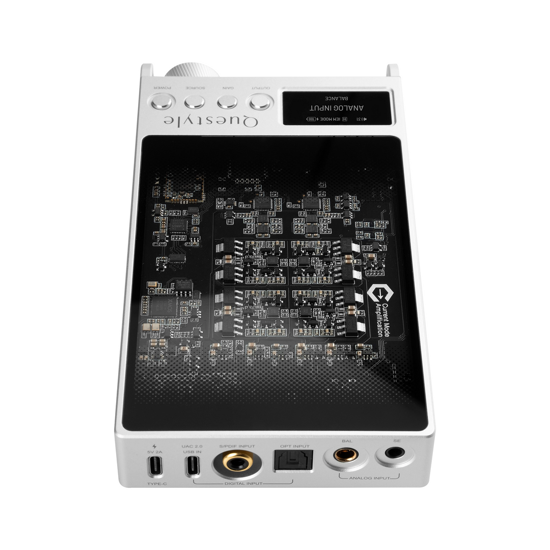 Questyle Sigma Pro DAC/amp in silver lying down top view whitebox
