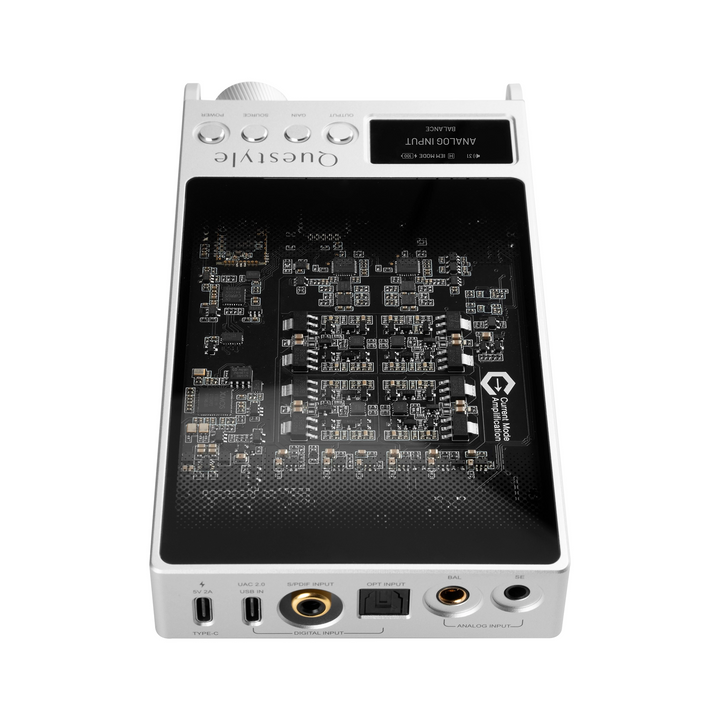 Questyle Sigma Pro DAC/amp in silver lying down top view whitebox