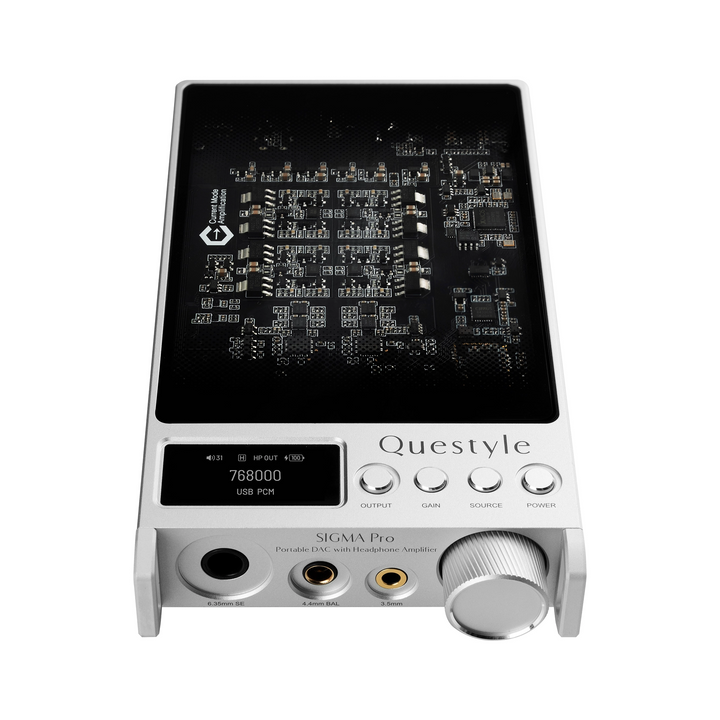 Questyle Sigma Pro DAC/amp in silver lying down bottom view whitebox