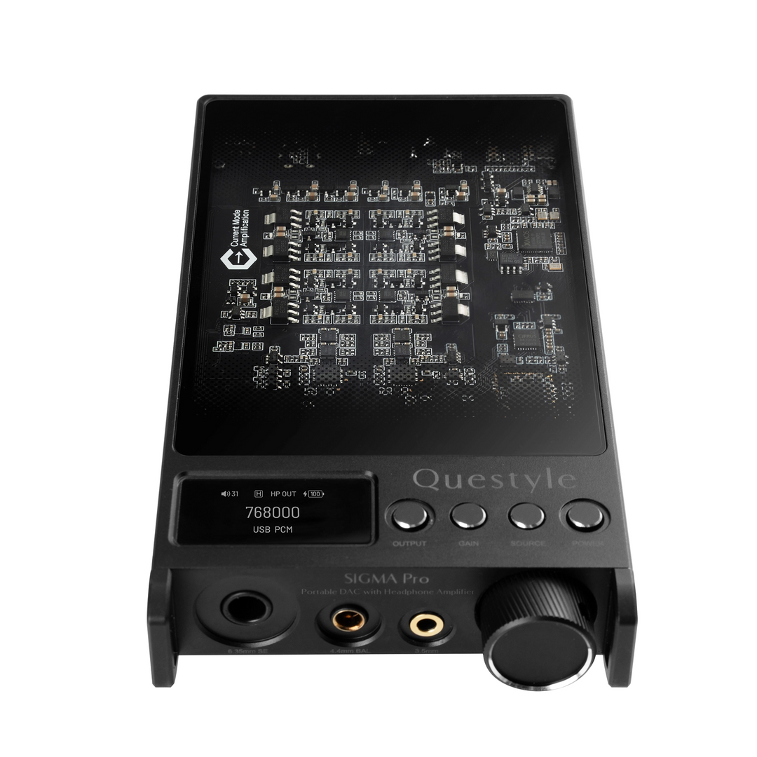 Questyle Sigma Pro DAC/amp in black lying down bottom view whitebox