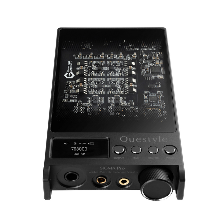 Questyle Sigma Pro DAC/amp in black lying down bottom view whitebox