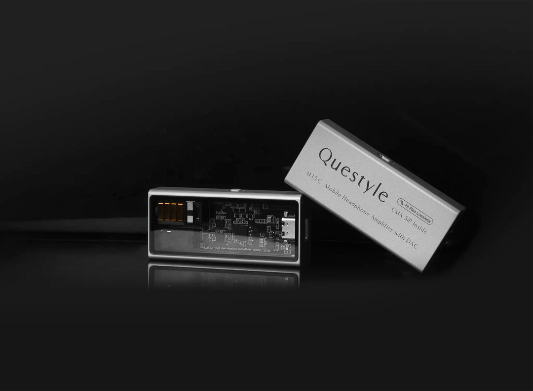 Questyle M15C DAC/amp front and back on black background