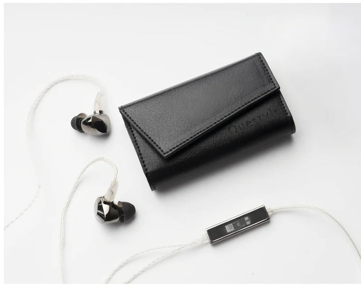 Questyle NHB15 with attached earphones and leather case