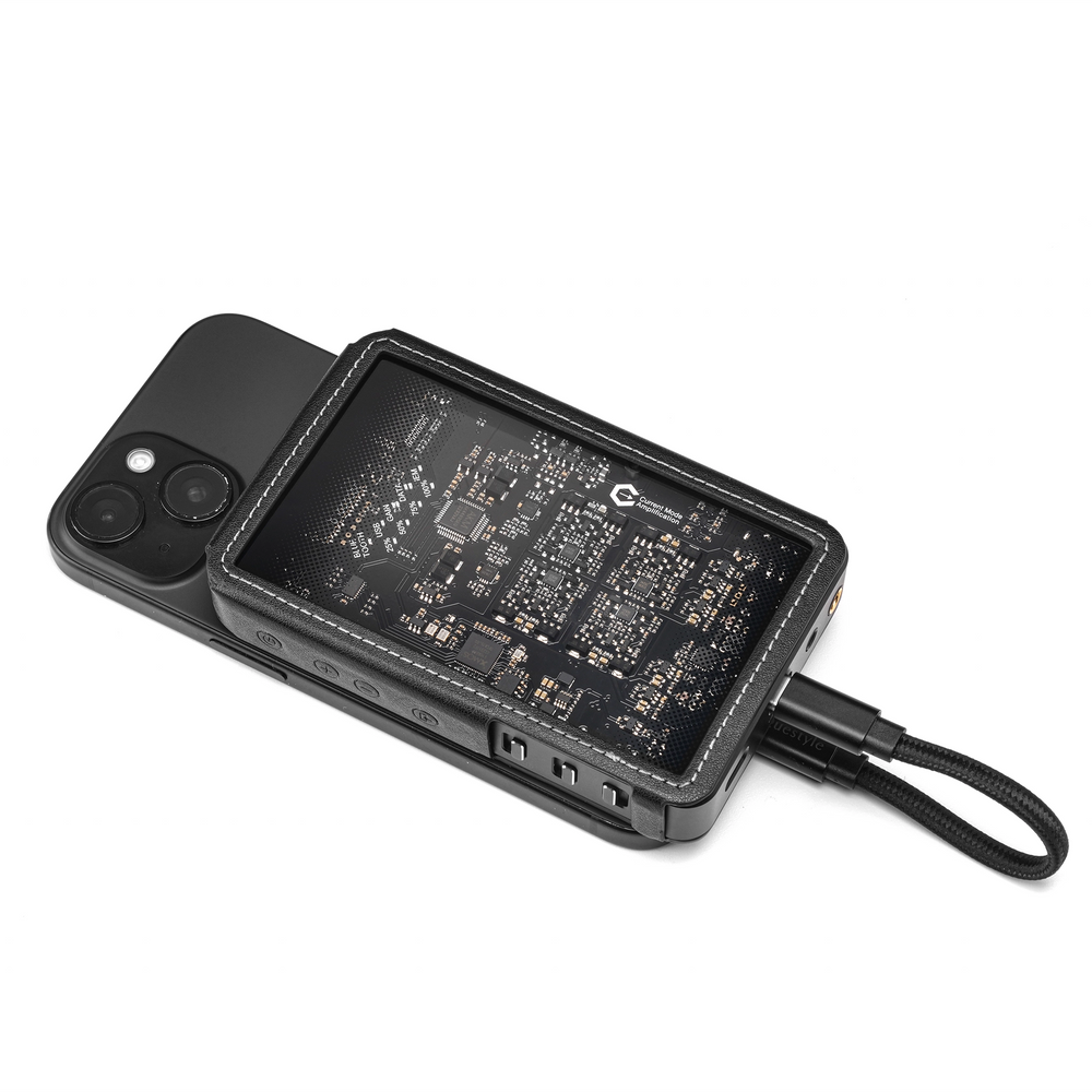 Questyle Sigma DAC/amp MagSafe leather case attached to back of iPhone whitebox