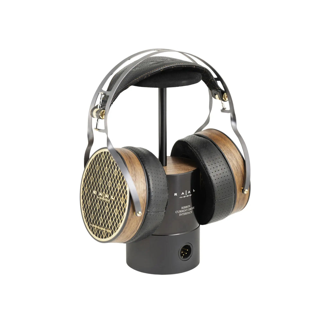 Raal Immanis headphone front left 3 quarter on ribbon interface stand whitebox