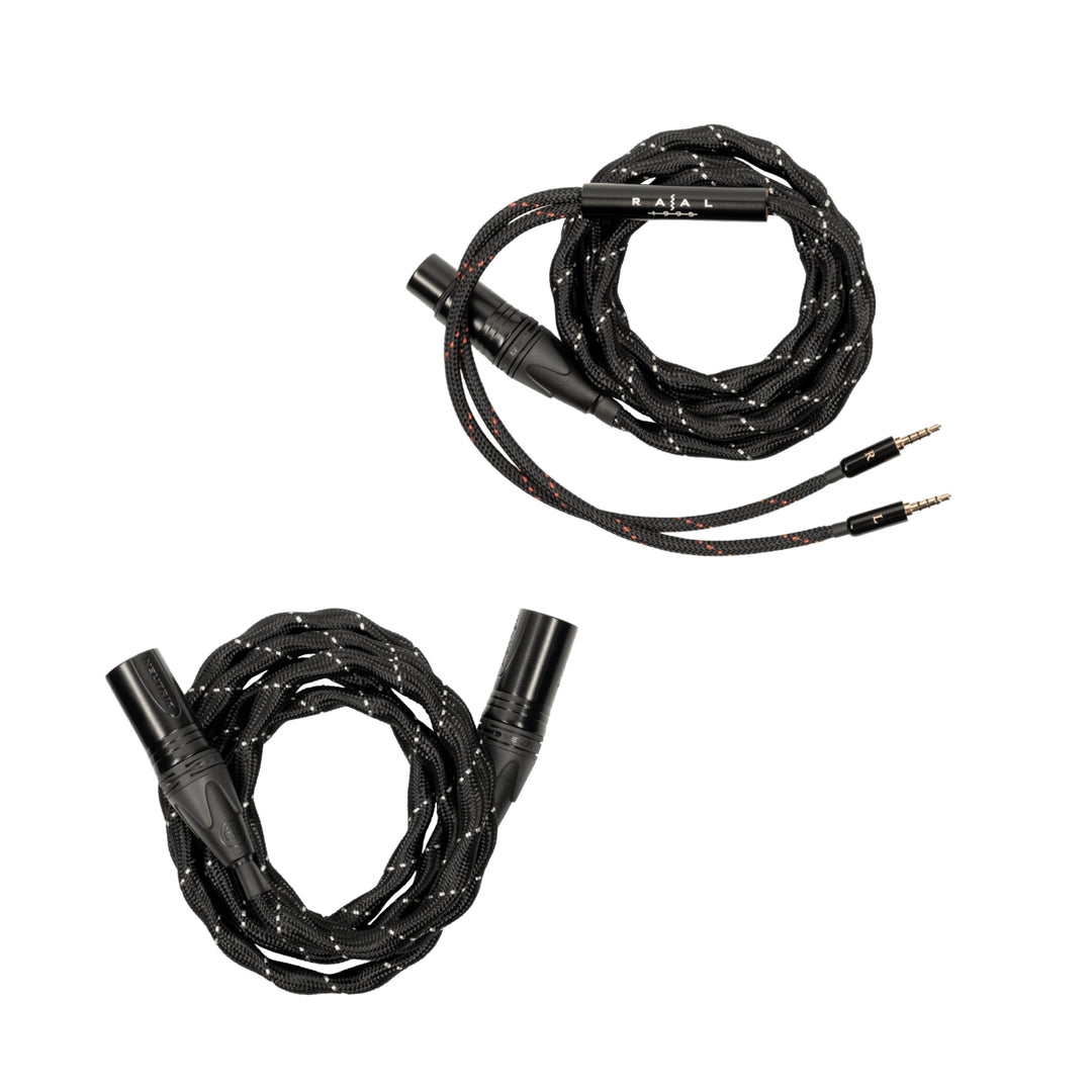 Two coiled black audio cables with white stitching and gold-toned 3.5mm plug ends, shown on a plain white background.
