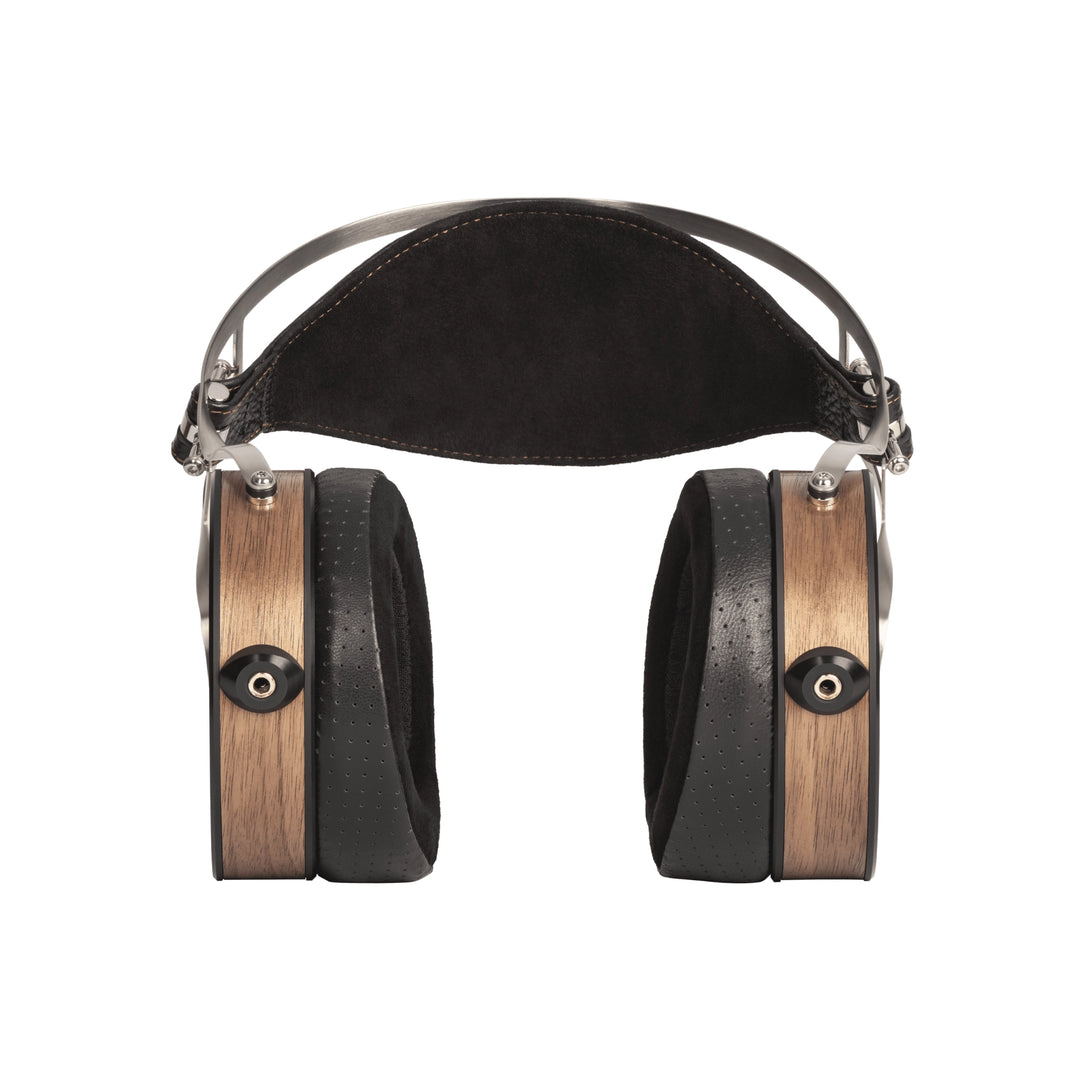 RAAL 1995 Magna EVO I with dark brown wood-grain side panels, black leather ear cushions, and a black padded headband on a white background.